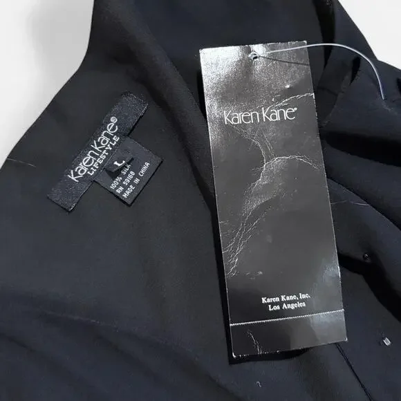 NWT VTG Y2K Karen Kane Black Silk Rosette Beaded Plunge Dark Fairy Maxi Dress L - Picture 8 of 8